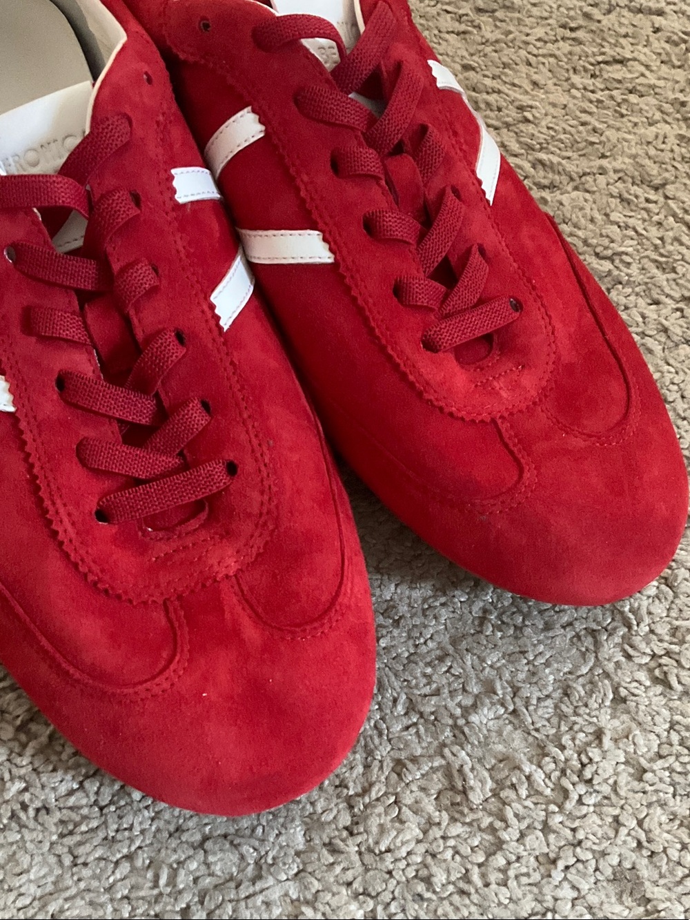 Veronica Beard Red Suede Sneakers with White Stripes - Picture 2 of 7